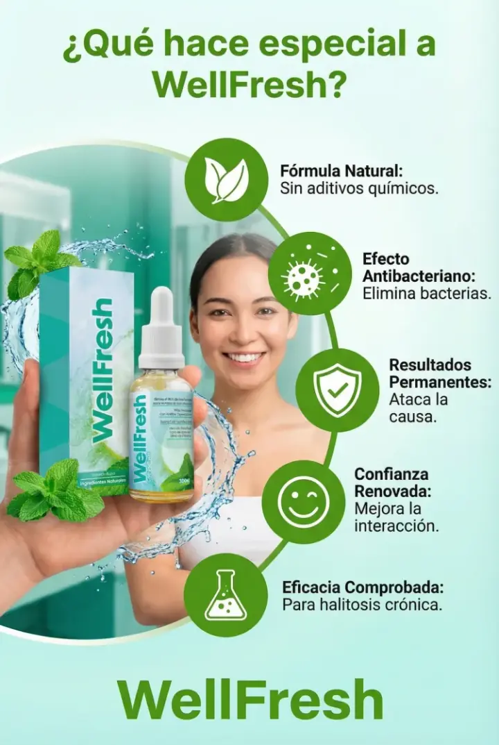 ¿Qué hace especial a WellFresh? Fórmula natural, efecto antibacteriano, resultados permanentes, confianza renovada, eficacia comprobada para halitosis.