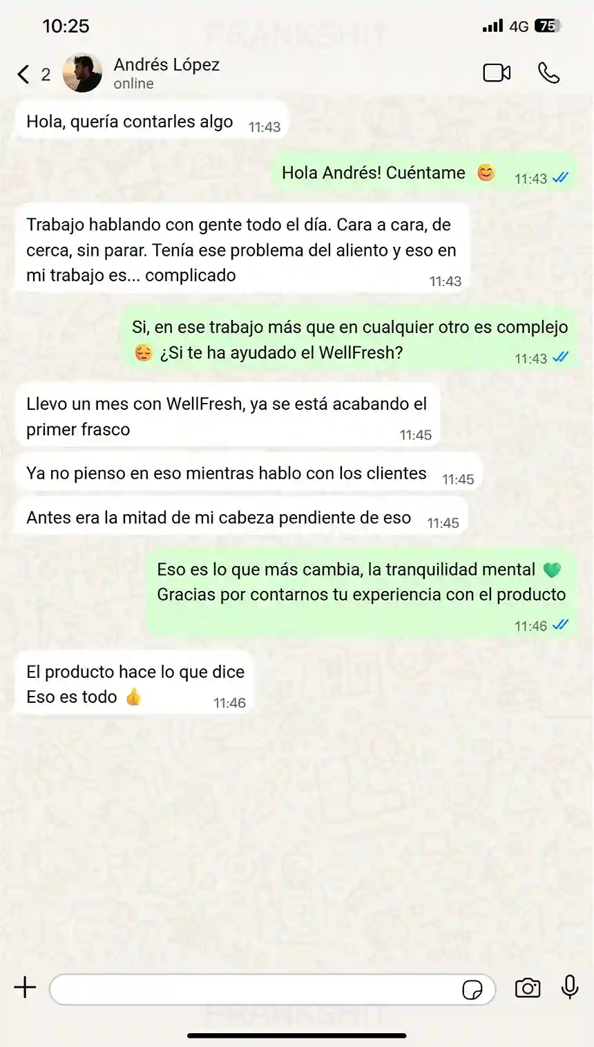 Conversación de WhatsApp con Andrés López, cliente de WellFresh, contando que ya no piensa en su aliento mientras habla con clientes