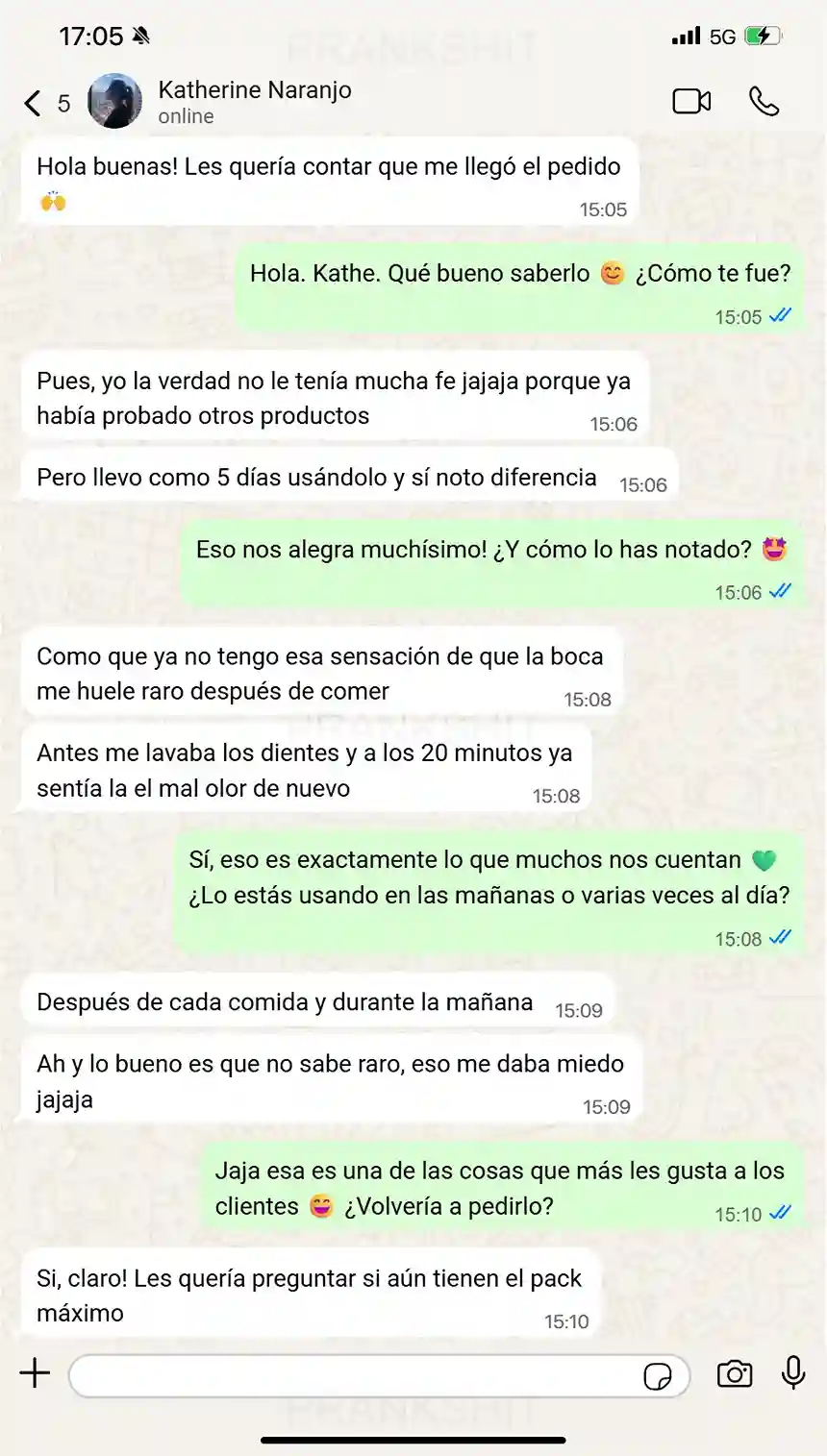 Conversación de WhatsApp con Katherine Naranjo pidiendo recompra del Pack Máximo después de 5 días de uso