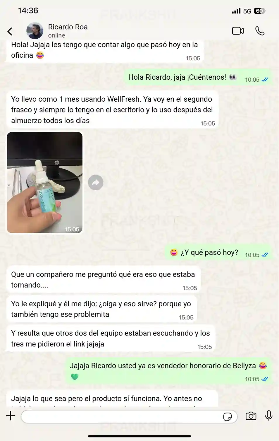 Conversación de WhatsApp con Ricardo Roa contando que tres compañeros del trabajo le pidieron el link de WellFresh